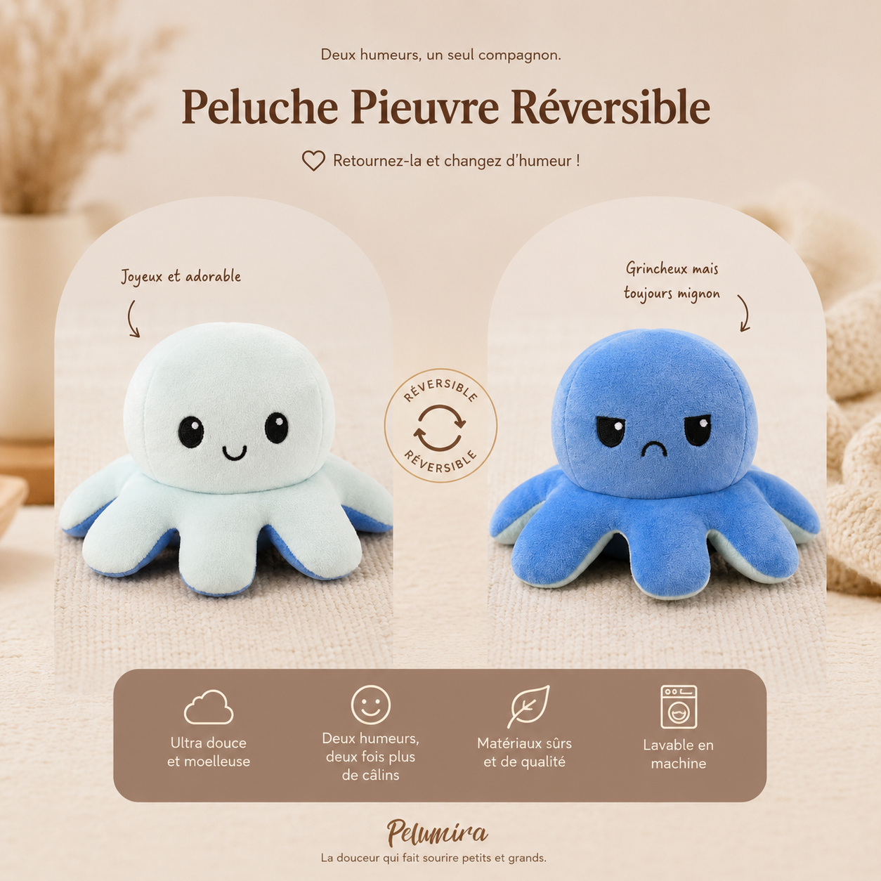 Peluche Pieuvre Reversible