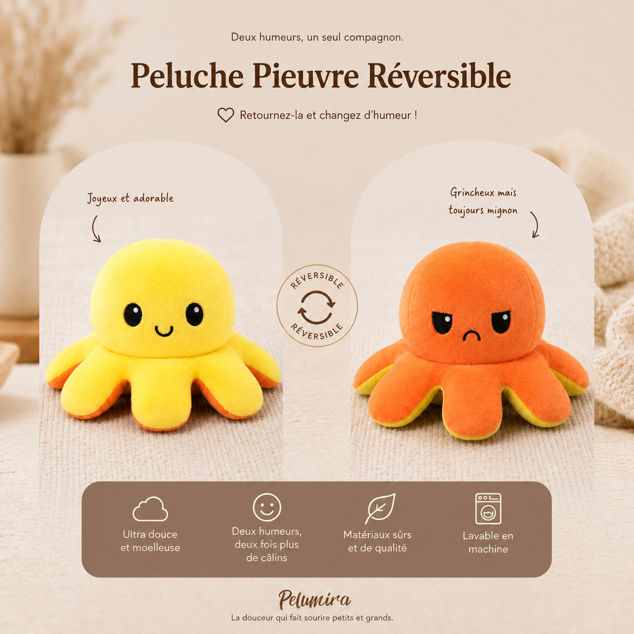 Peluche Pieuvre Reversible