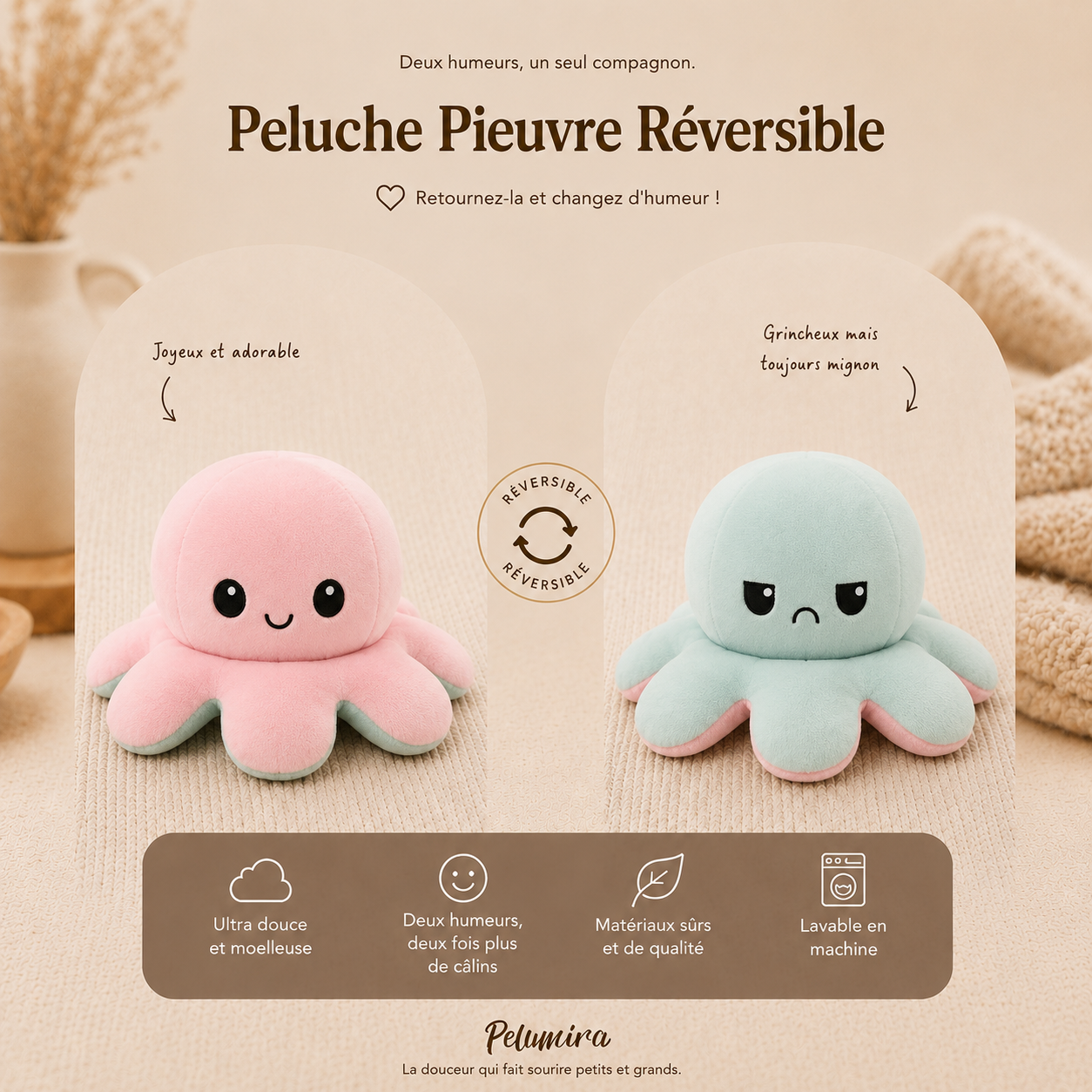 Peluche Pieuvre Reversible