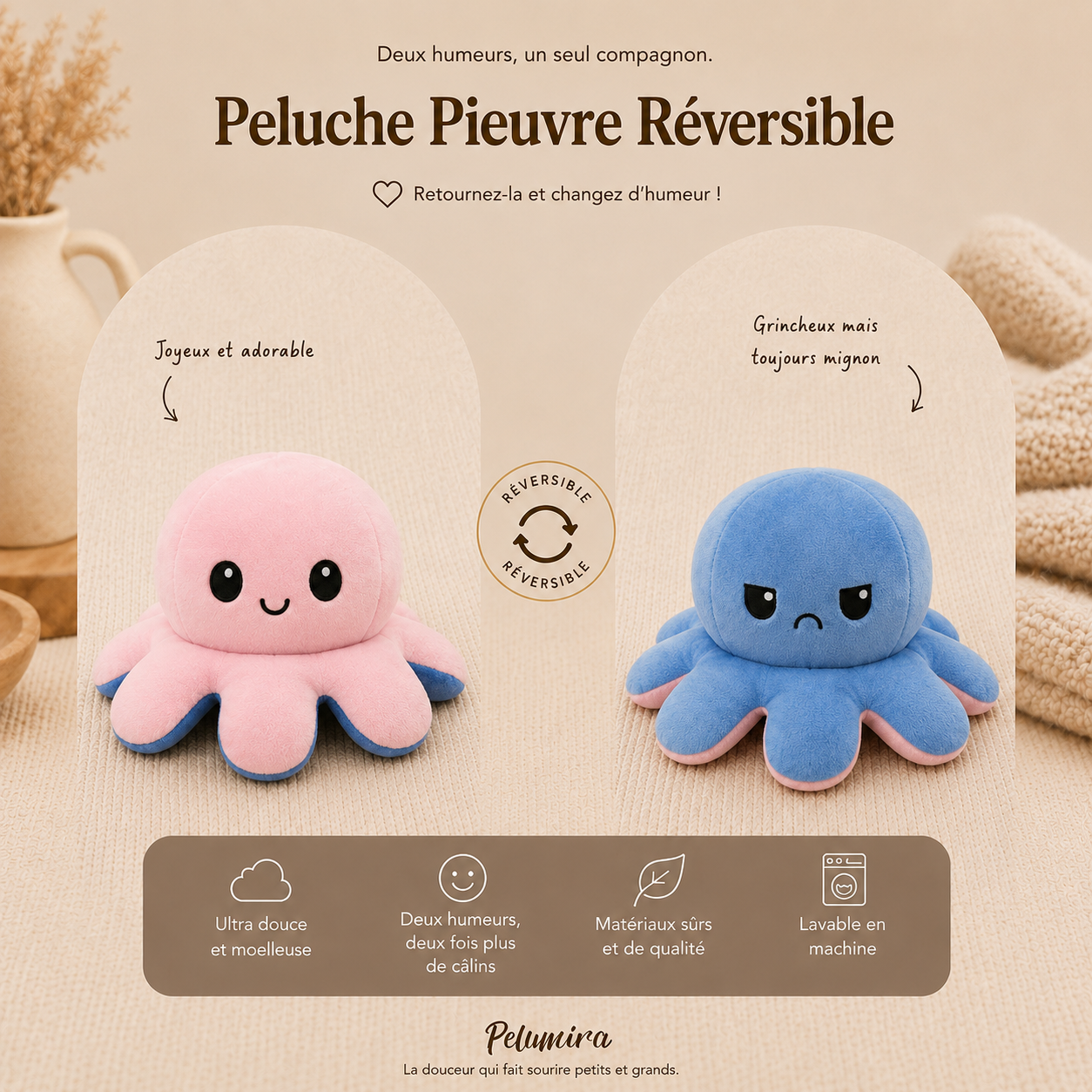 Peluche Pieuvre Reversible