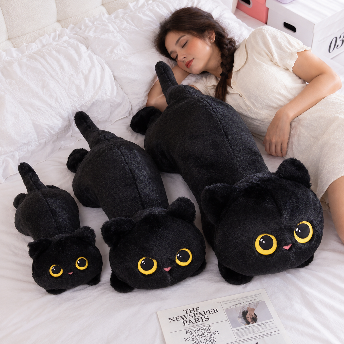 Peluche Chat Noir Doux – Coussin Chat Endormi
