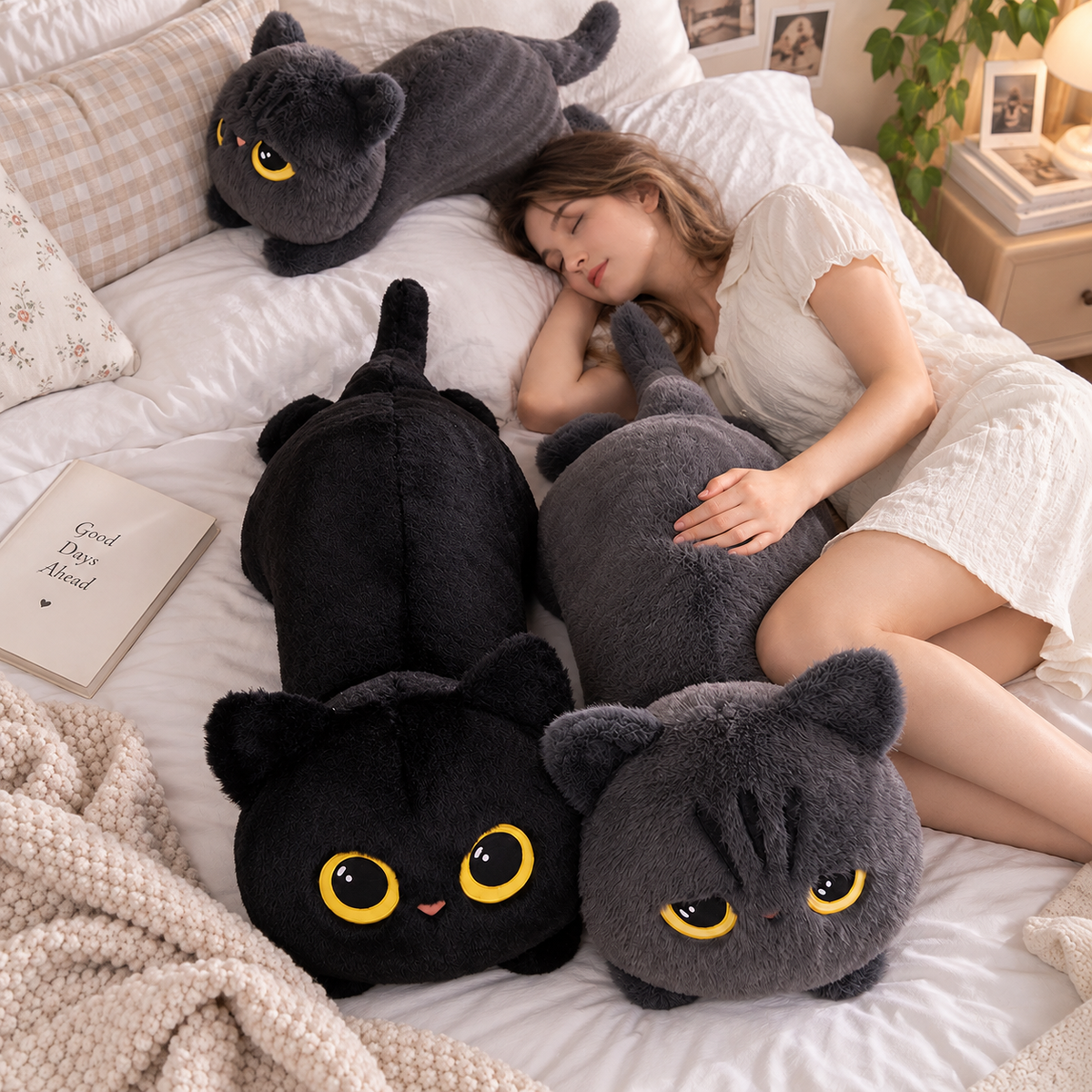 Peluche Chat Noir Doux – Coussin Chat Endormi
