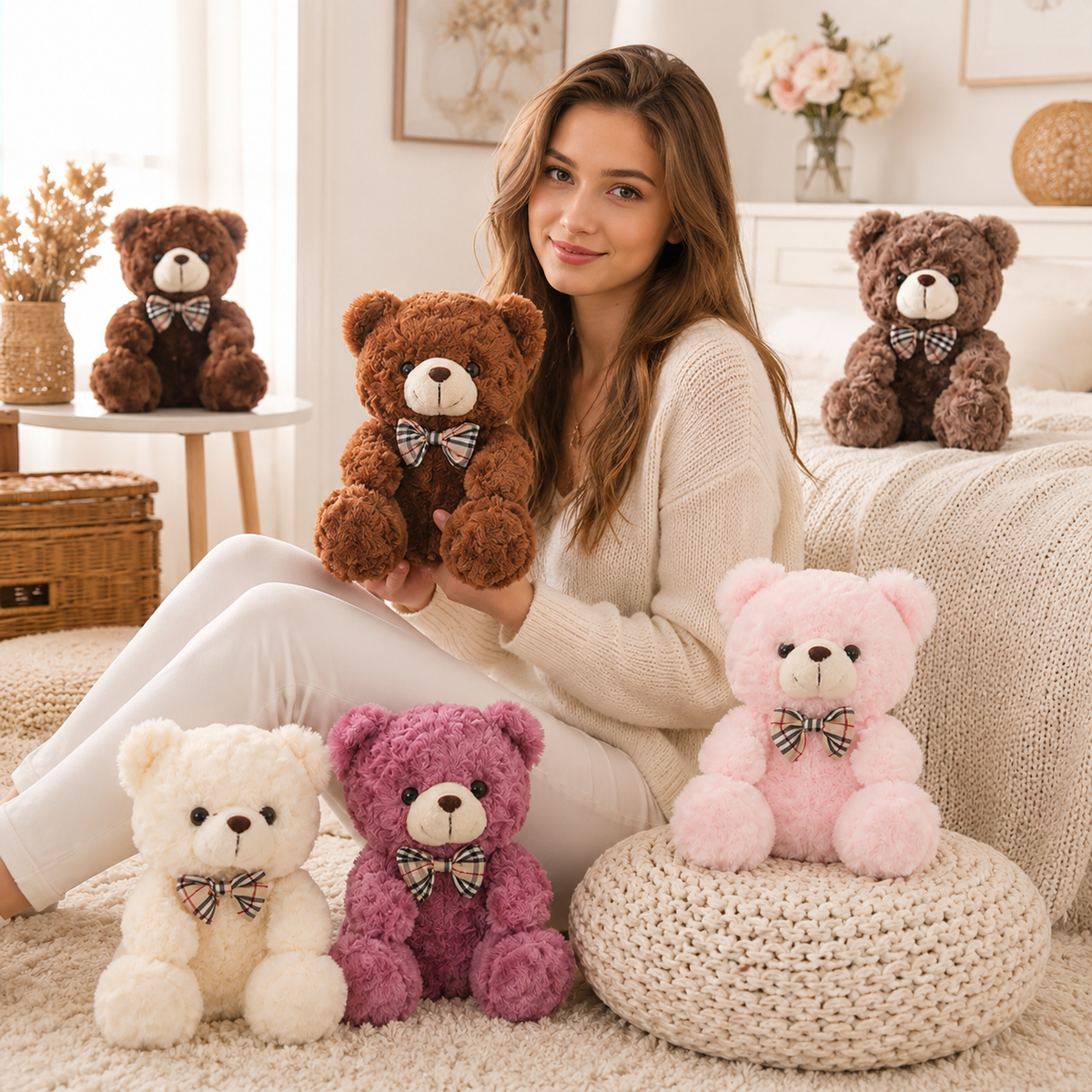Ours en Peluche bouclé traditionnel avec nœud
